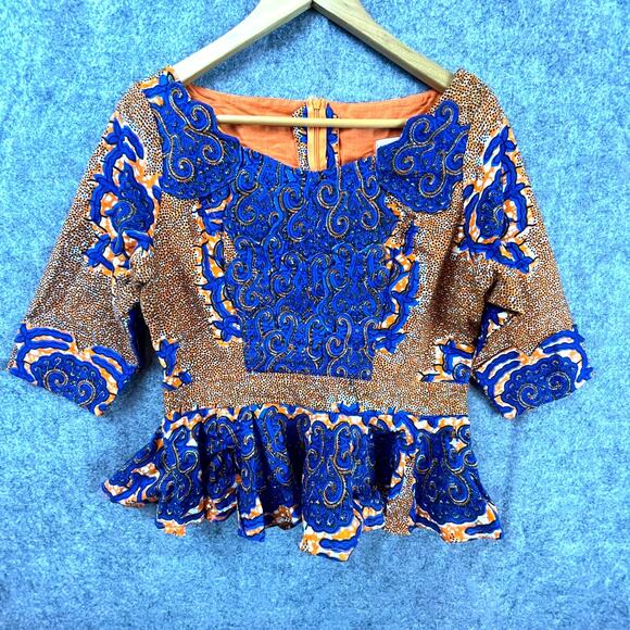 Vintage Koncepts Top Womens Medium Blue Orange Maximalist Peplum Bright Vibrant - Picture 1 of 6